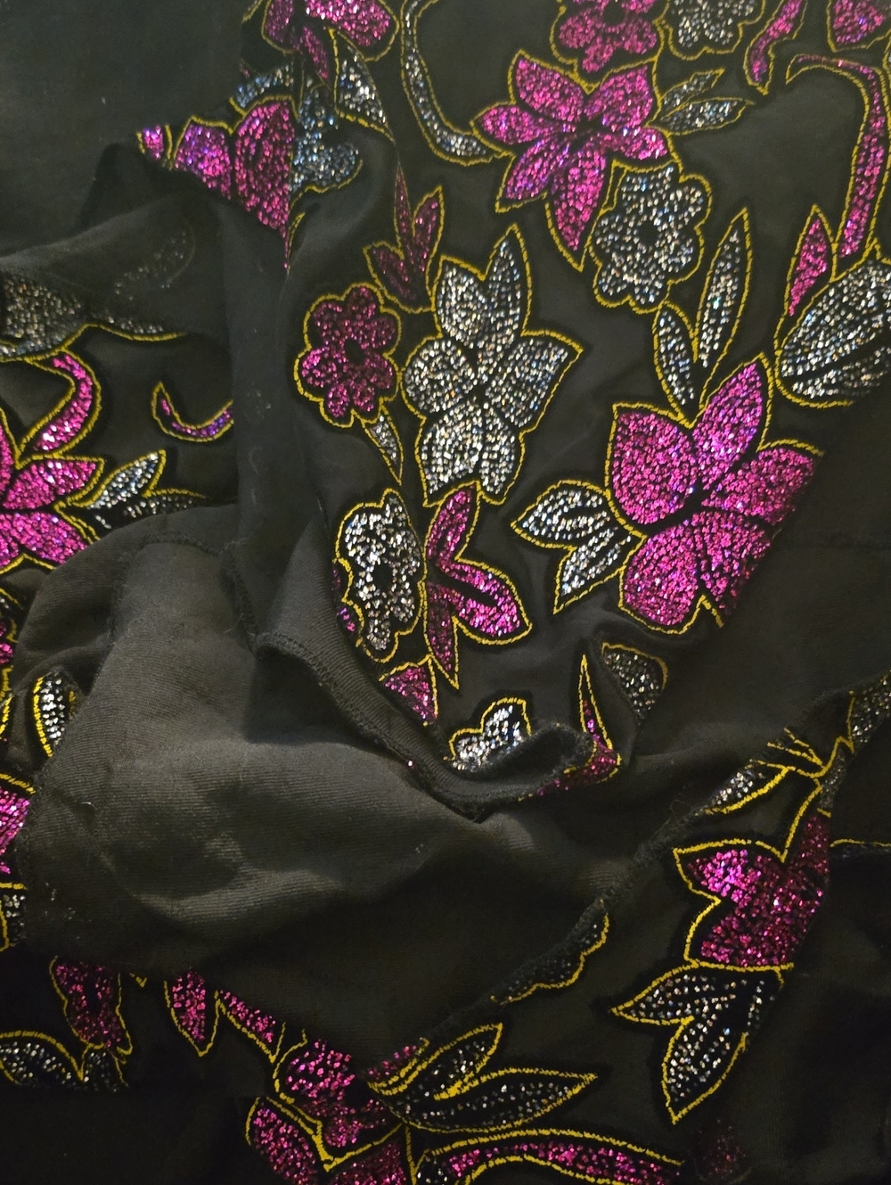 Black Floral Glitter Scarf with Pink and Silver Accents 10in Across
